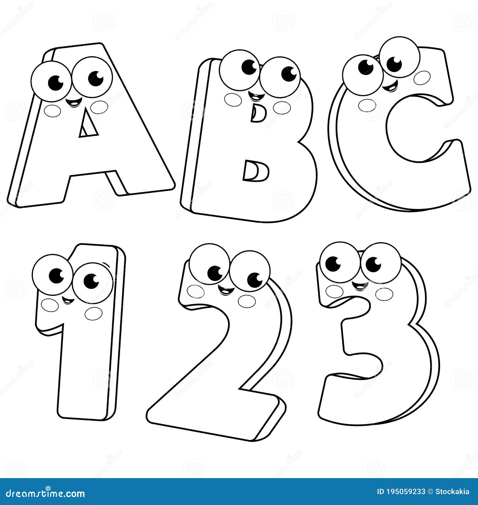 Cartoon letters and numbers vector black and white coloring page stock vector