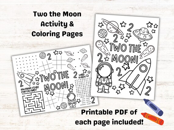 Two the moon coloring page and activity sheet set for kids birthday party space birthday party favor kids party printable year old