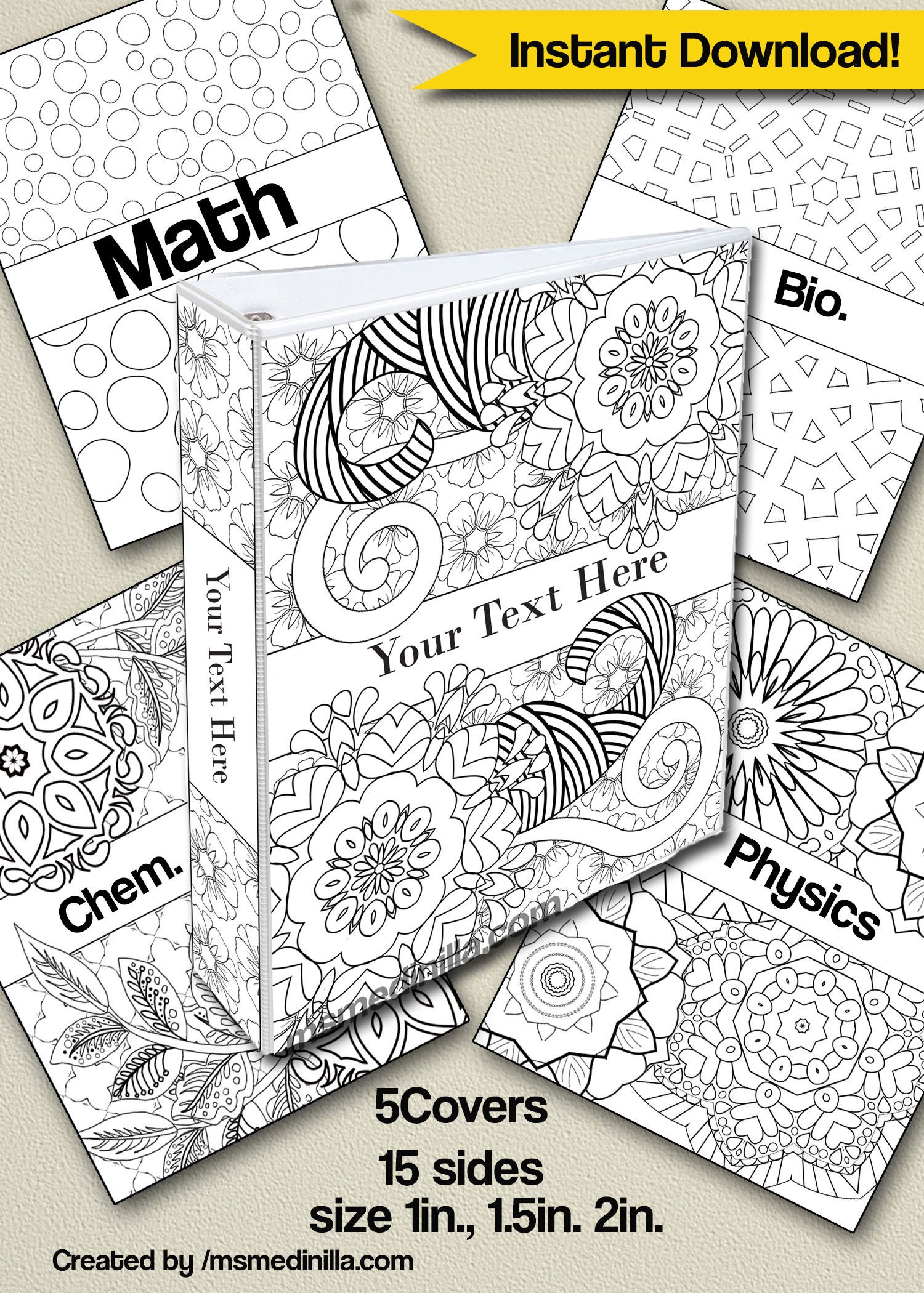 Doodle coloring binder covers doodling student teacher editable printable set of powerpoint instant download