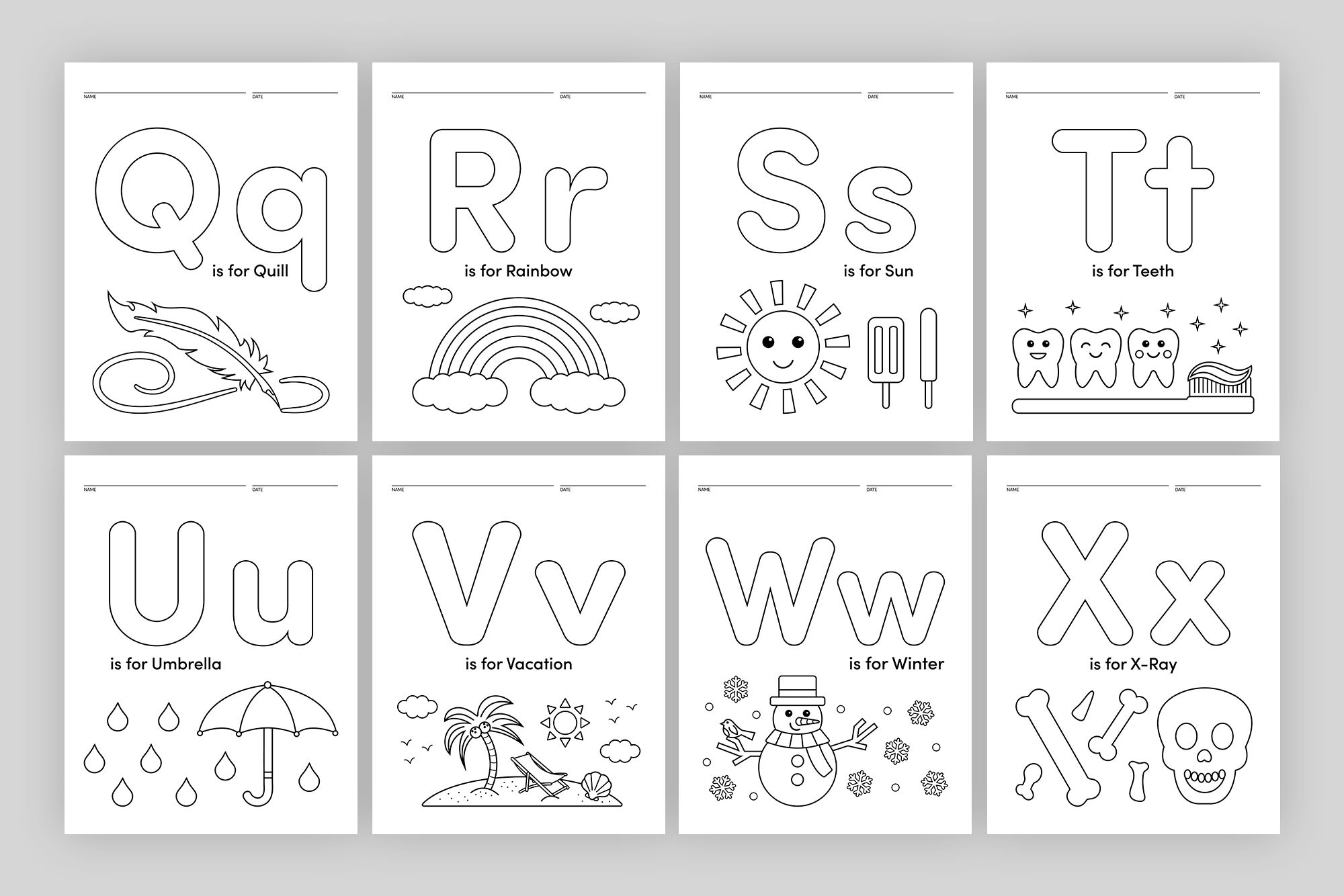 Alphabet coloring pages by running with foxes