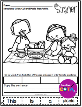 No prep summer writing coloring pages with cut and paste sentence worksheets