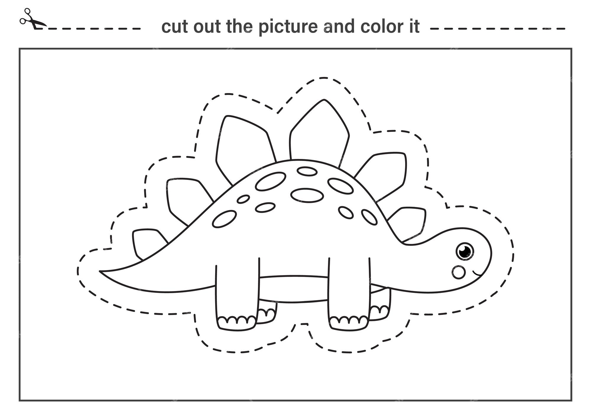 Premium vector cut out cute dinosaur and color it black and white worksheet for kids cutting practice for preschoolers