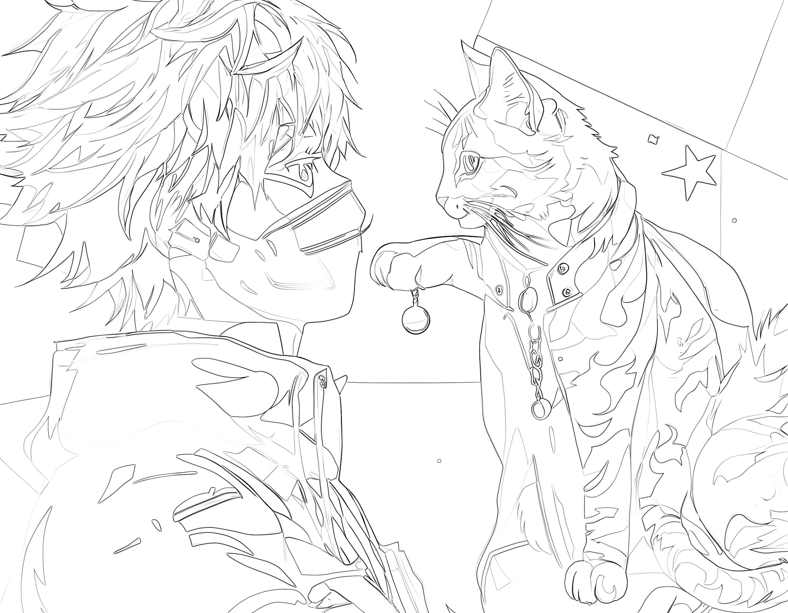Anime boy and cat coloring page