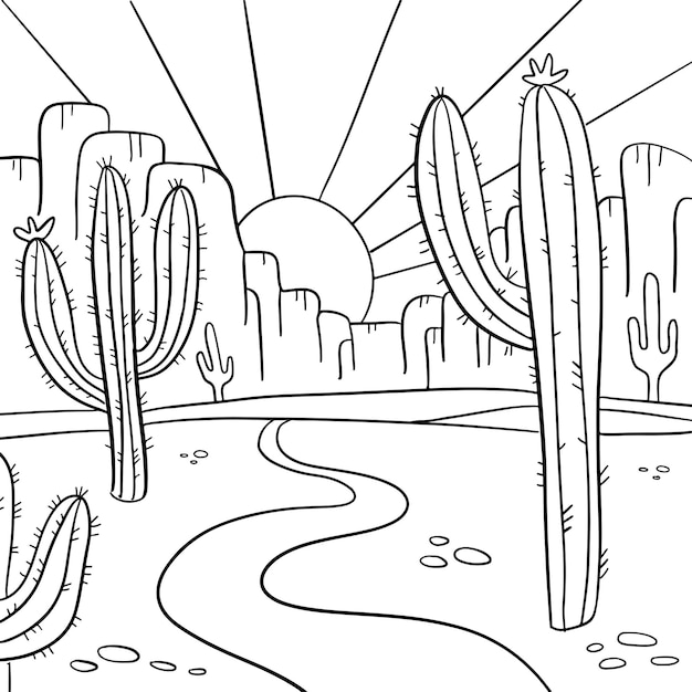 Premium vector coloring page with arizona desert landscape hand drawn black and white line desert with saguaro and