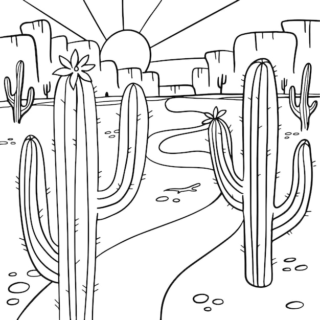 Premium vector coloring page with blooming cactus in the arizona desert coloring book antistress for children and a