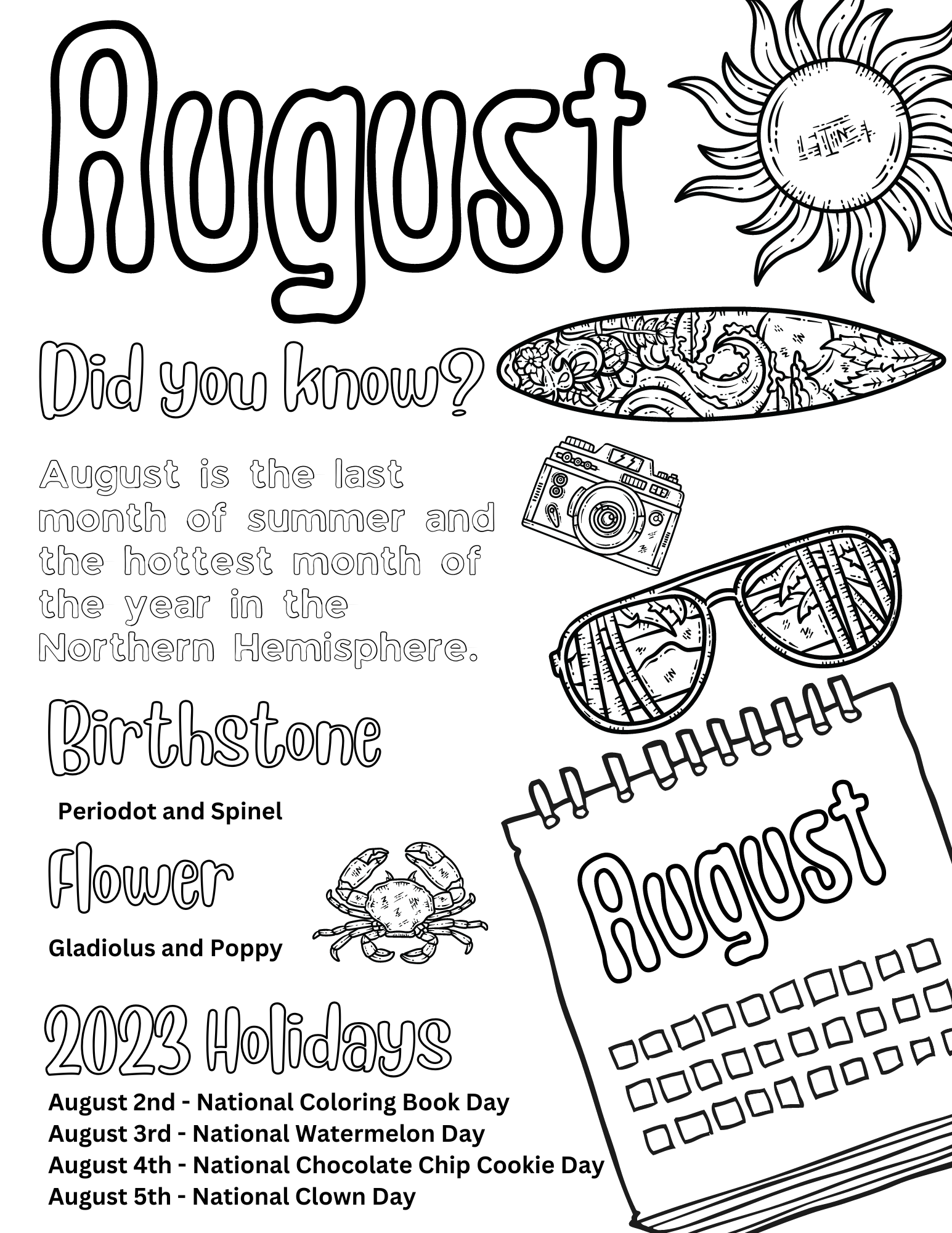 Free august coloring pages for kids and adults