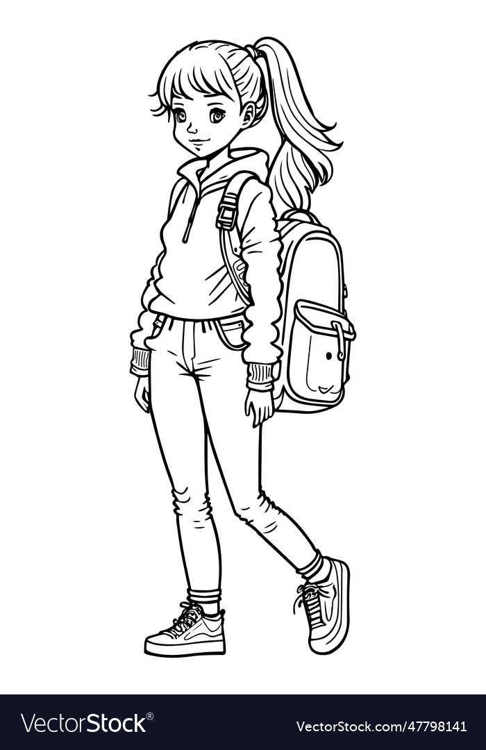 Girl with backpack walking coloring page back vector image