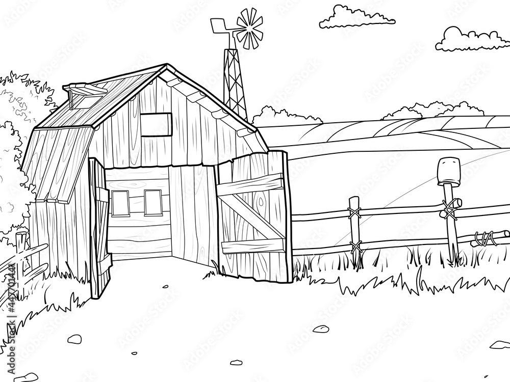 Agricultural yard barn field and wind farm children coloring book vector