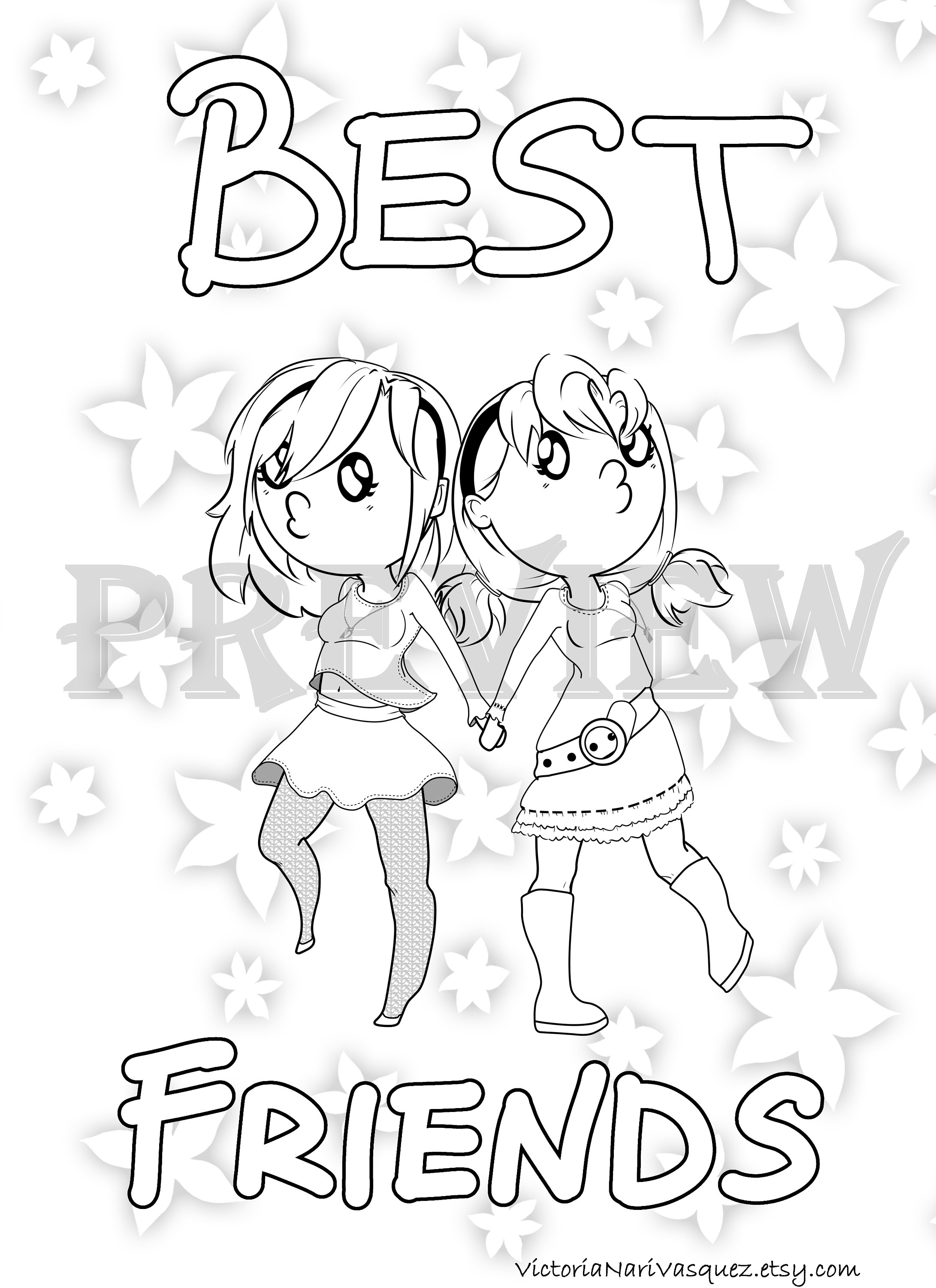 Oo best friends chibi coloring page instant download