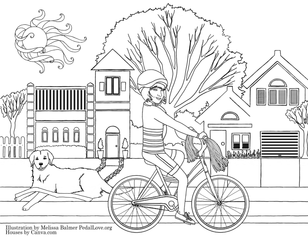 Cora rides a bike coloring page â pedal love