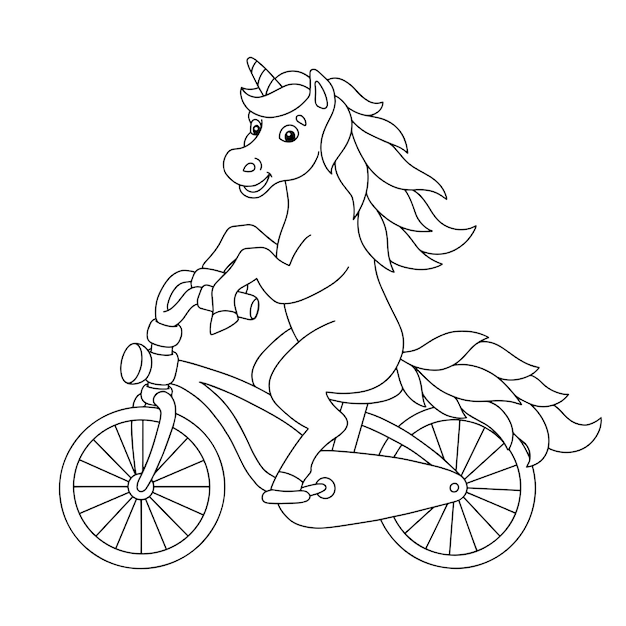 Premium vector cheerful unicorn rides a bicycle coloring book page for kids