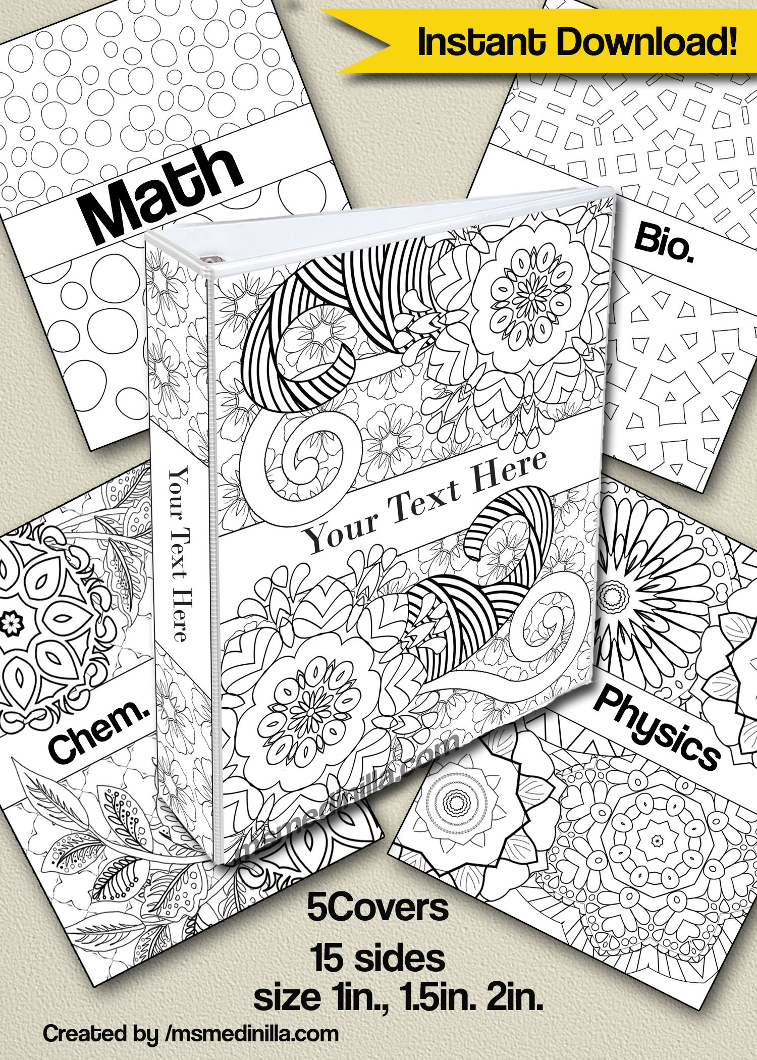 Doodle coloring binder covers doodling student teacher editable printable set of powerpoint instant download download now