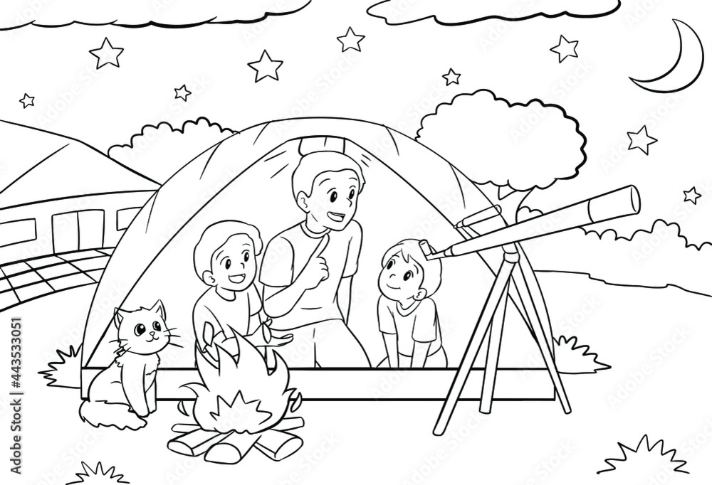 Coloring pages contain family camping and use binoculars to see the stars black and white vector illustration for coloring book vector
