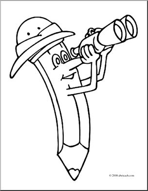 Clip art cartoon pencil w binoculars coloring page i