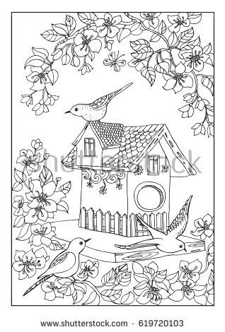 Birds house coloring page stock vector yalty free shutterstock bird coloring pages coloring pages house colouring pages