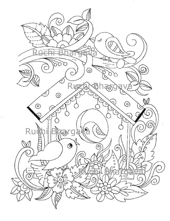 Bird house coloring pagesblack and white line art adult coloring page bird instant download