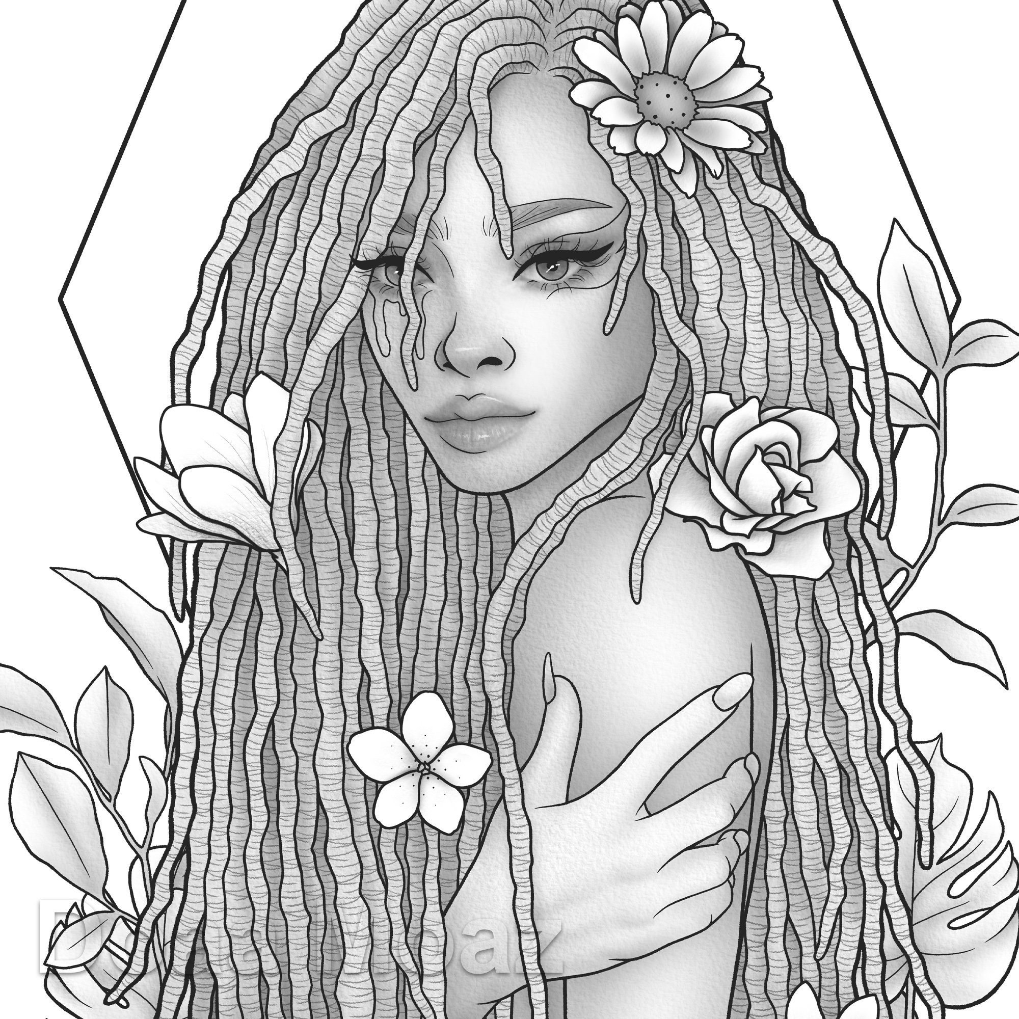 Printable coloring page fantasy character black girl portrait