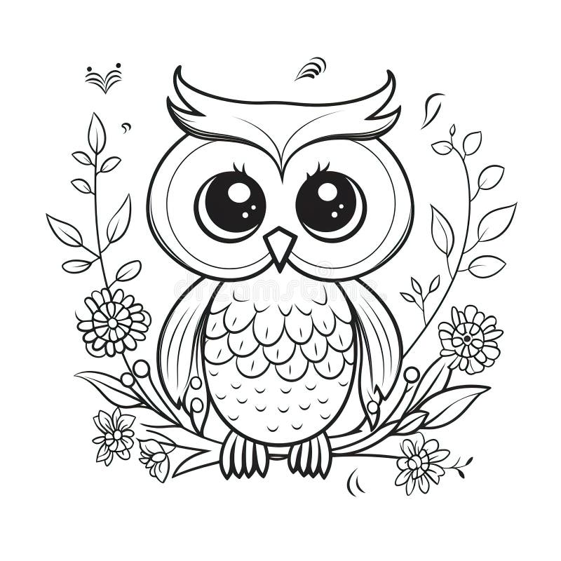 Kids coloring page of a happy owl with flowers that is blank and downloadable for them to plete stock illustration