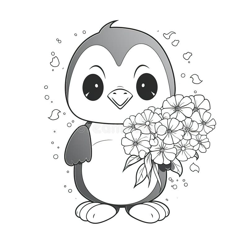 Kids coloring page of a penguin with flowers that is blank and downloadable for them to plete stock illustration