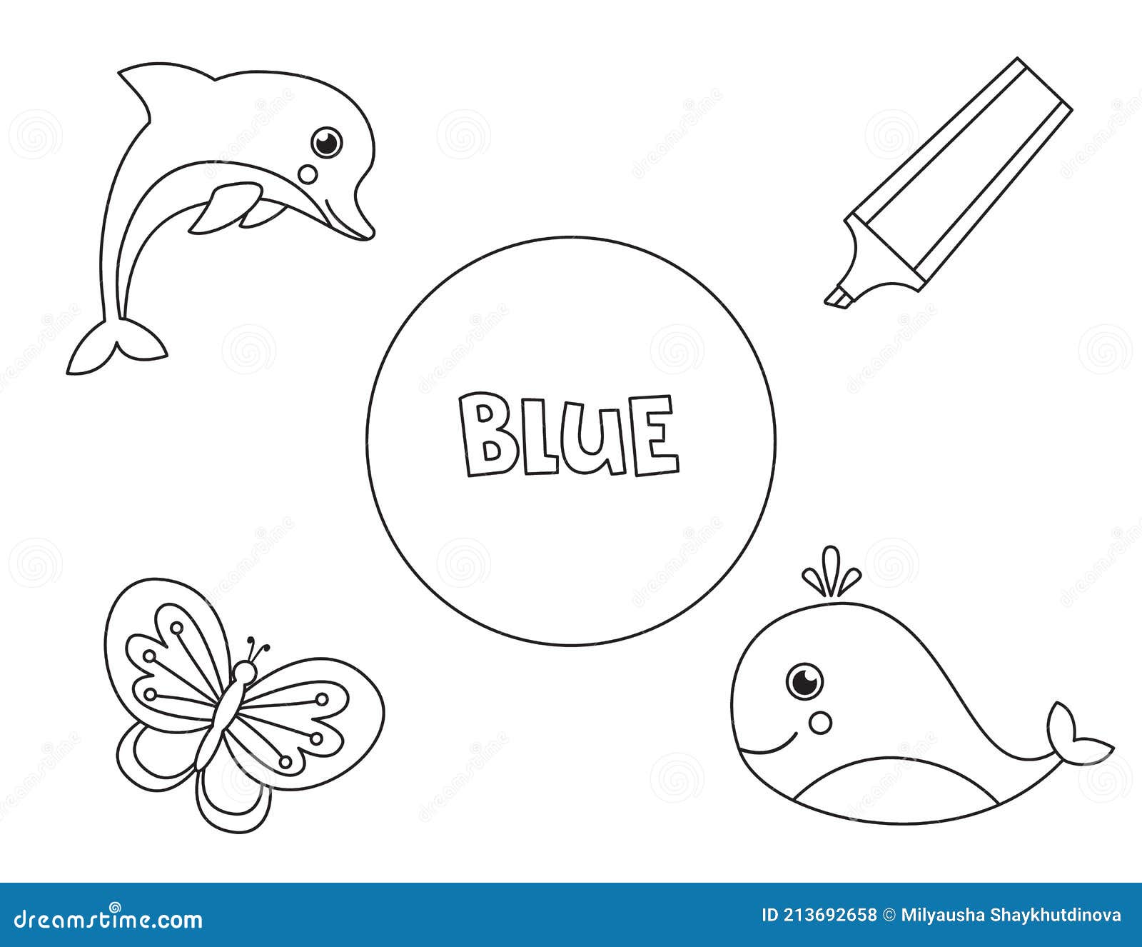 Color all blue objects learning basic colors for kids stock vector