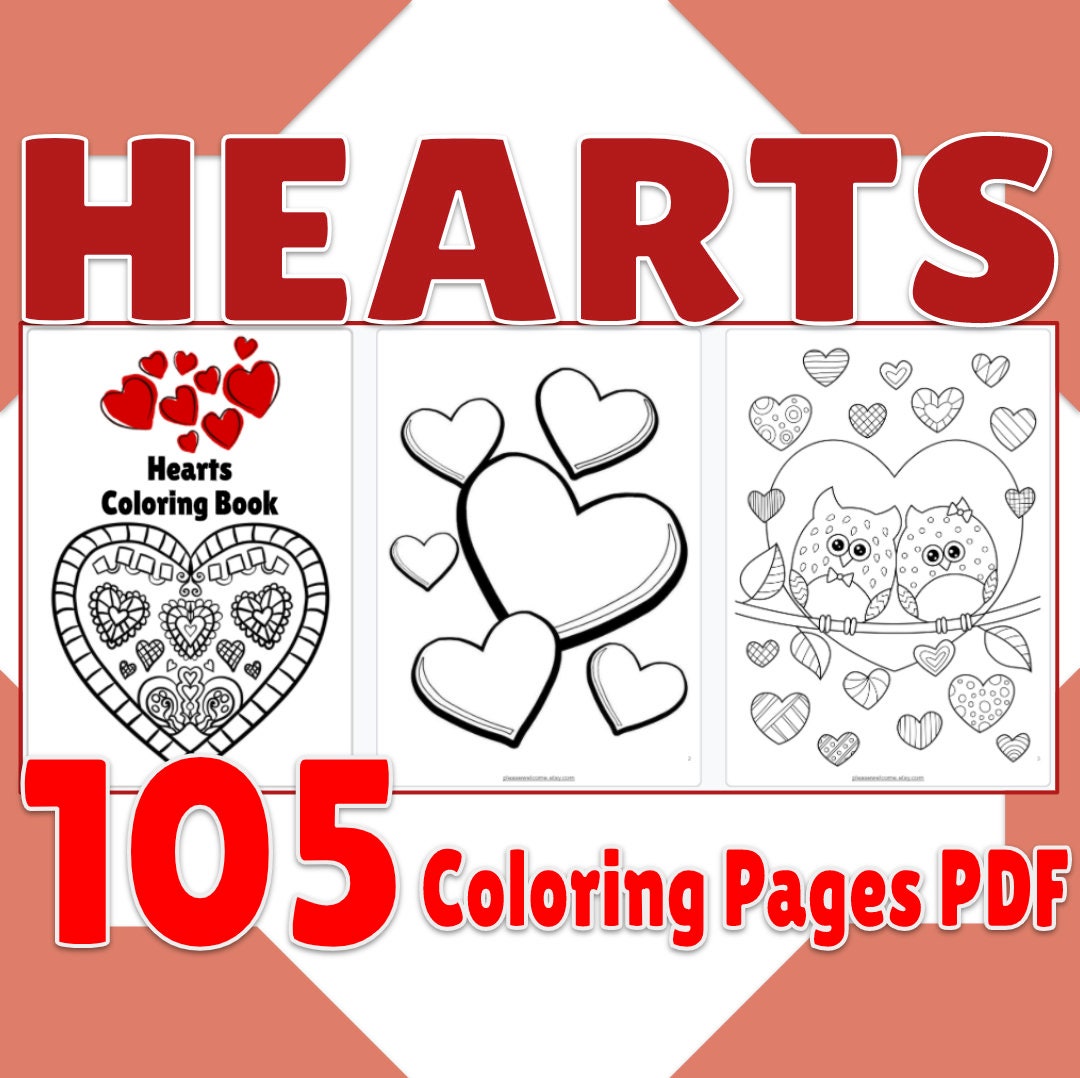 Printable heart coloring book page pdf heart coloring pages birthday activity party favor heart digital coloring sheets for kids
