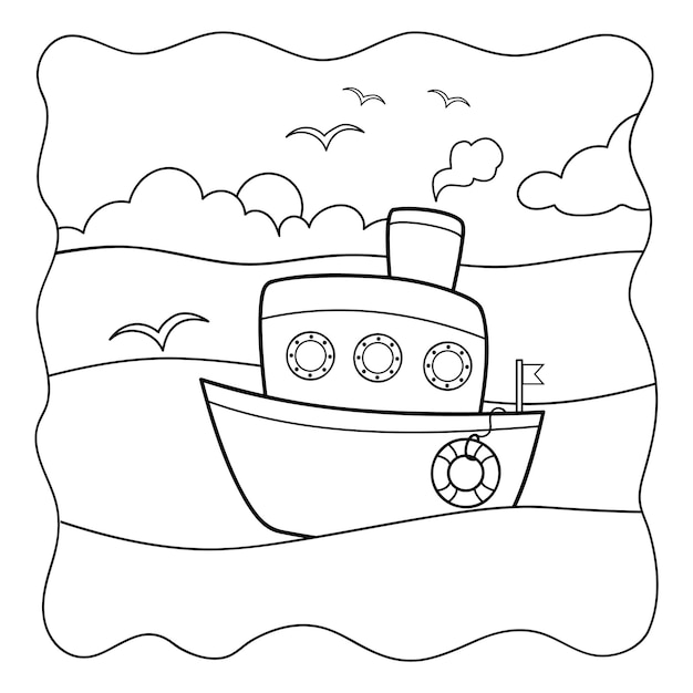 Premium vector ship black and white coloring book or coloring page for kids nature background