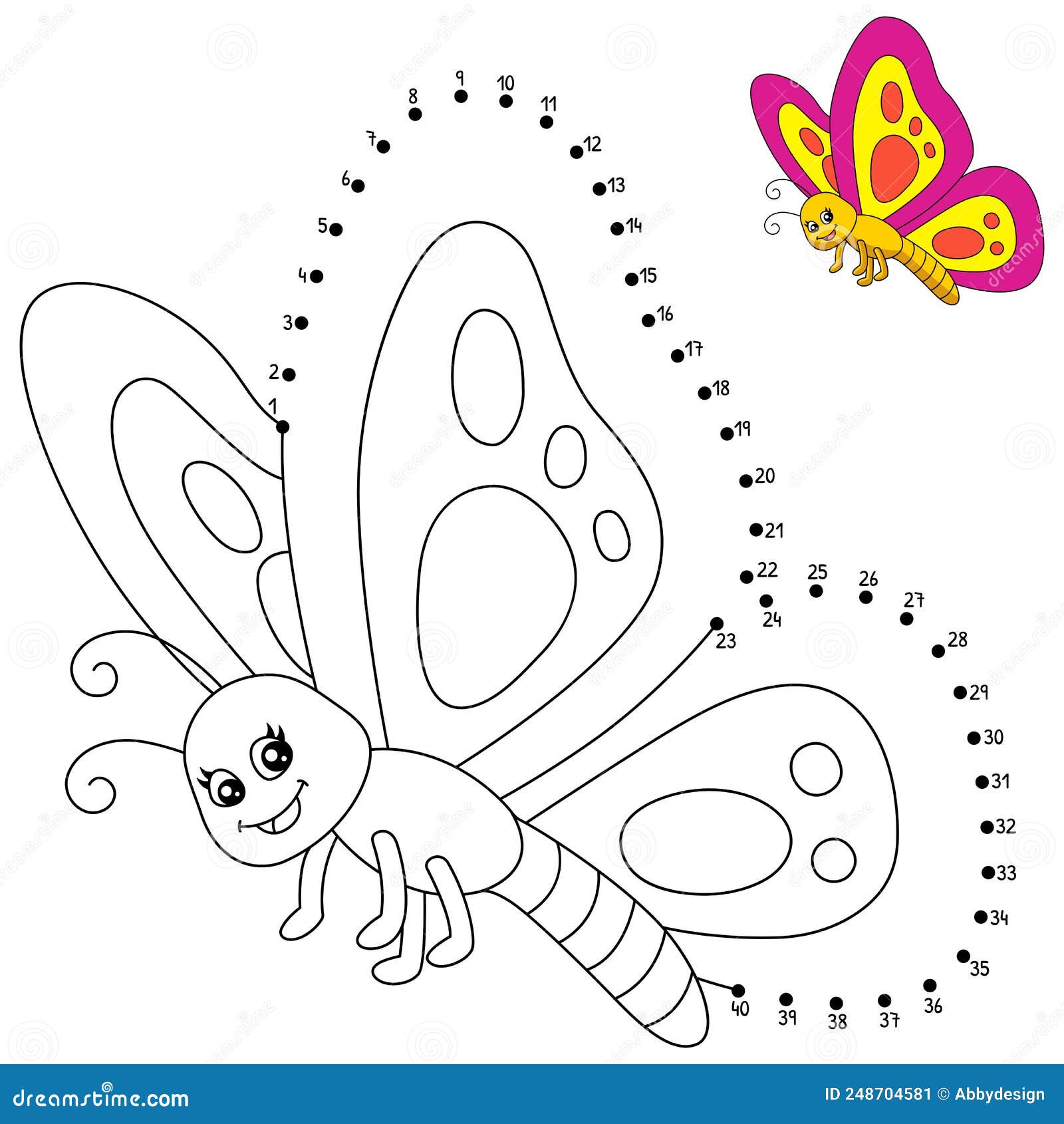 Dot to dot butterfly coloring page for kids stock vector