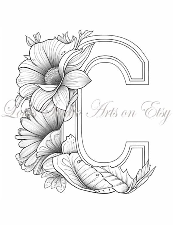 Floral letter c coloring page style downloadable printable alphabet coloring page for adults and teens great for craft projects