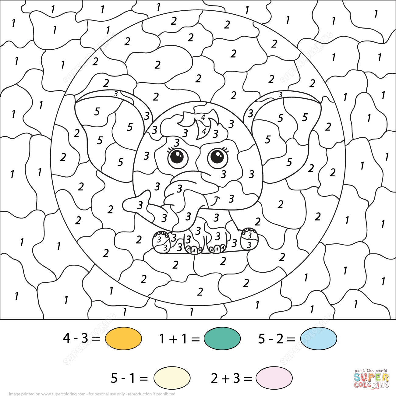 Subtration and addition a cute cartoon elephant color by number free printable coloring pages