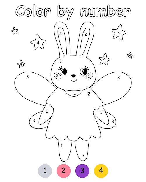 Premium vector color by number game for kids rabbit in costume fairy halloween bunny printable worksheet with solution for school and preschool learning numbers activity