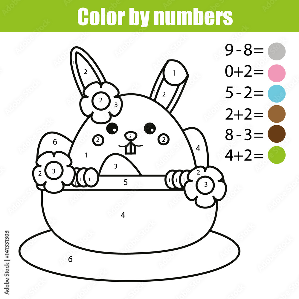 Coloring page with easter bunny character color by numbers math educational children game drawing kids activity rabbit in busket with eggs vector