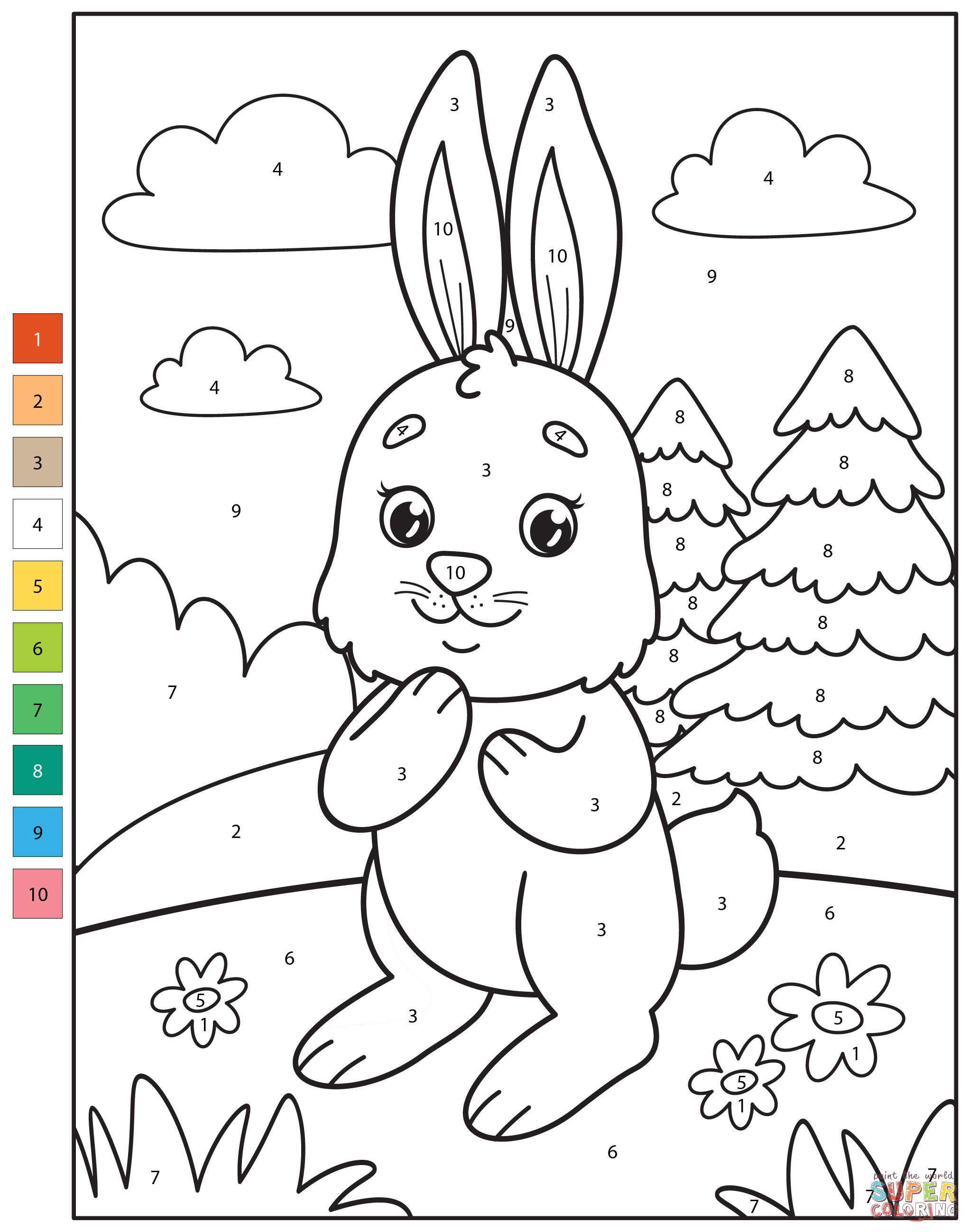 Rabbit color by number free printable coloring pages