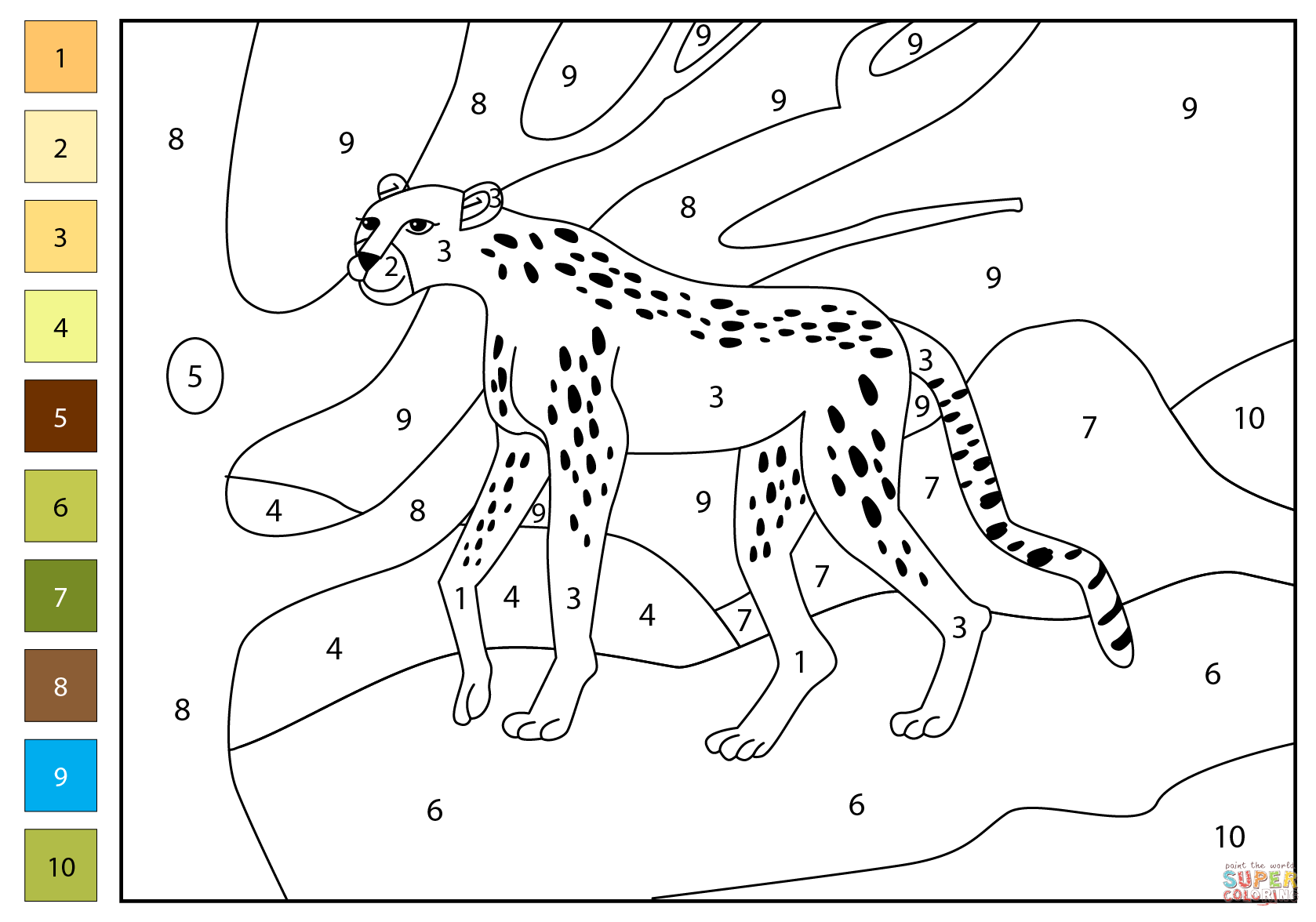 Cheetah color by number free printable coloring pages