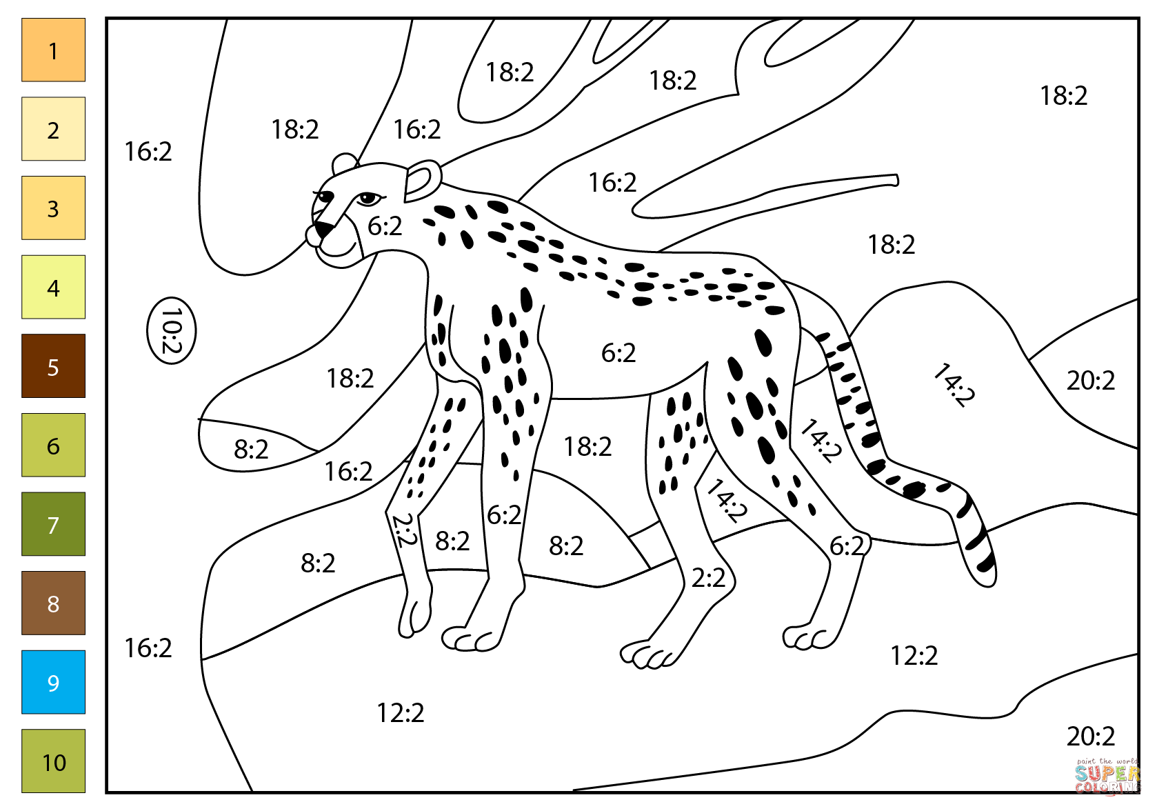Division color by number cheetah free printable coloring pages