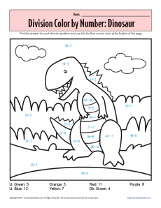 Color by number dinosaur printable division worksheets