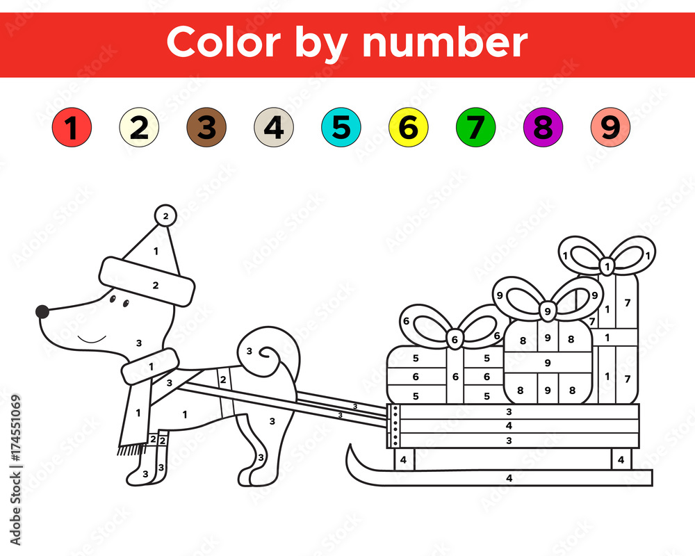 Color by number for preschool and school kids christmas coloring page with funny cartoon dog vector illustration vector