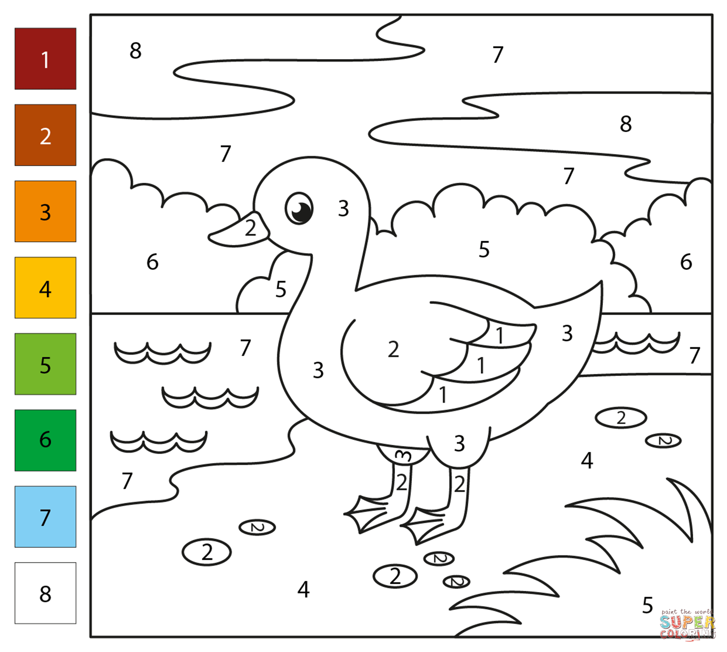 Duck color by number free printable coloring pages