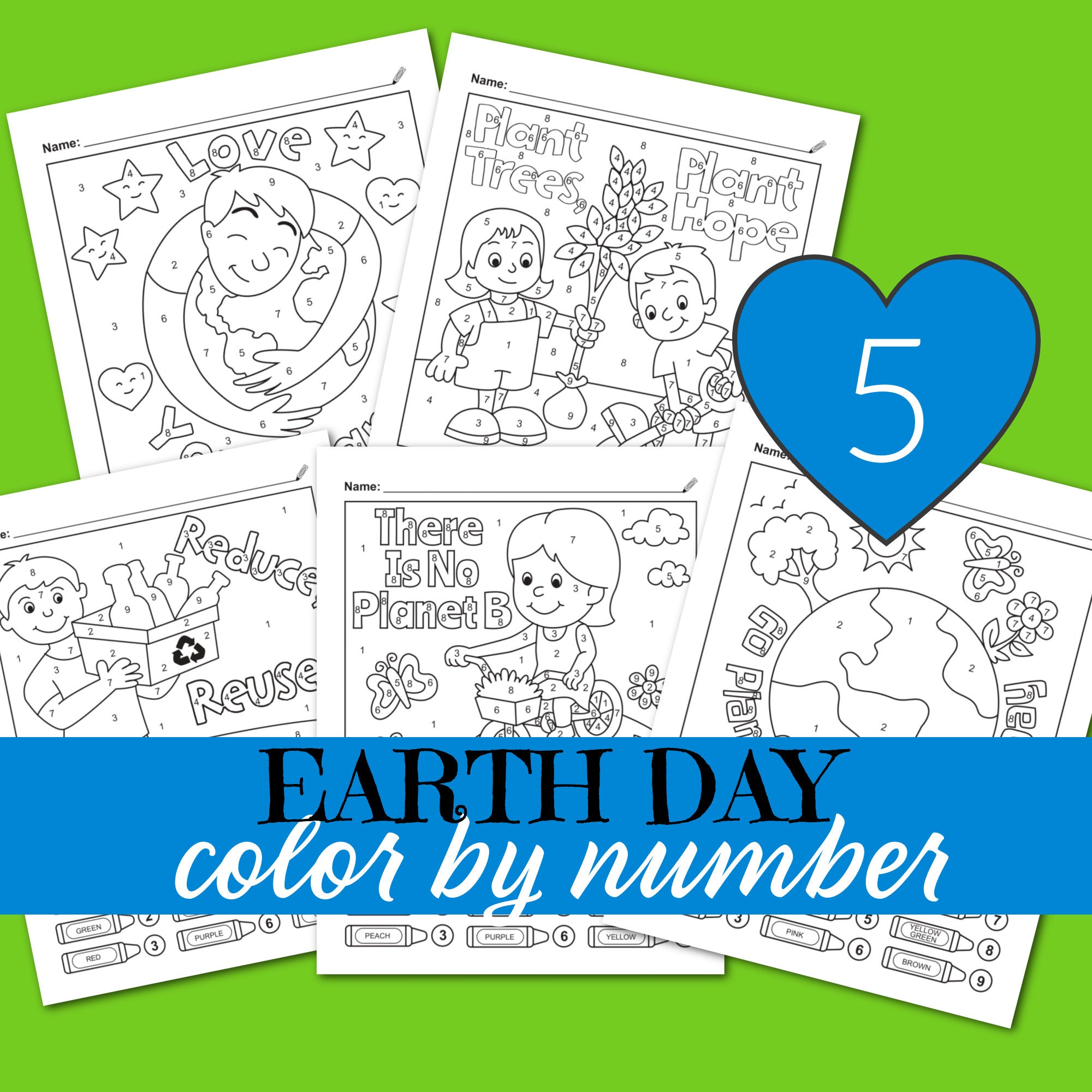 Earth day color by number coloring pages for kids