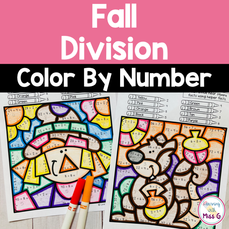 Fall division color by number worksheets