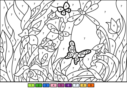Flower garden color by number free printable coloring pages