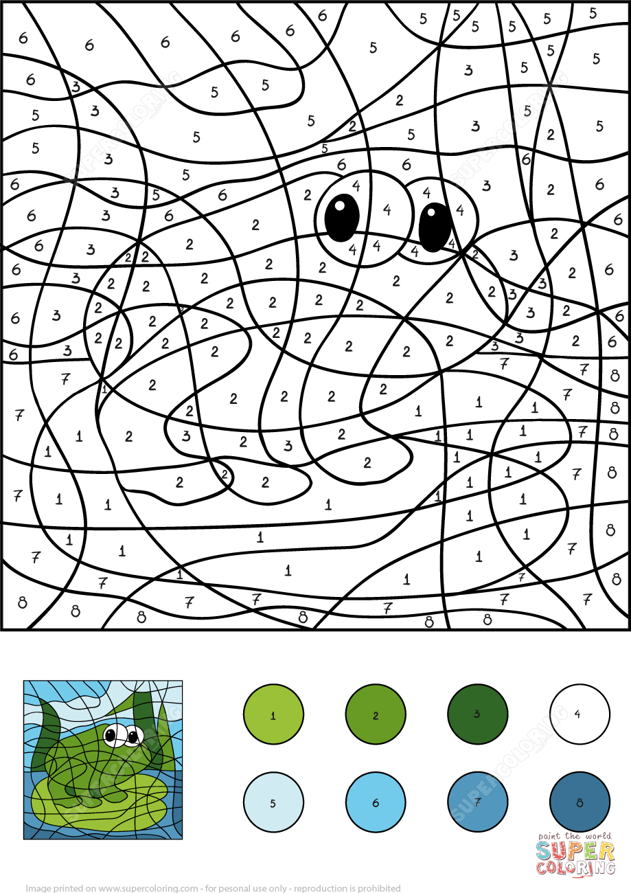Frog color by number free printable coloring pages