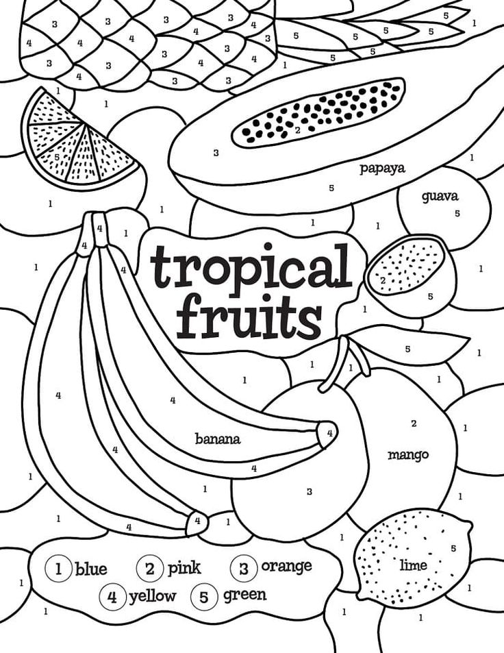 Tropical fruits color by number coloring page