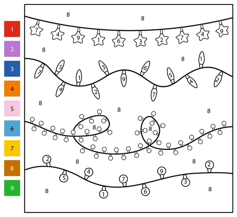 Christmas lights color by number free printable coloring pages
