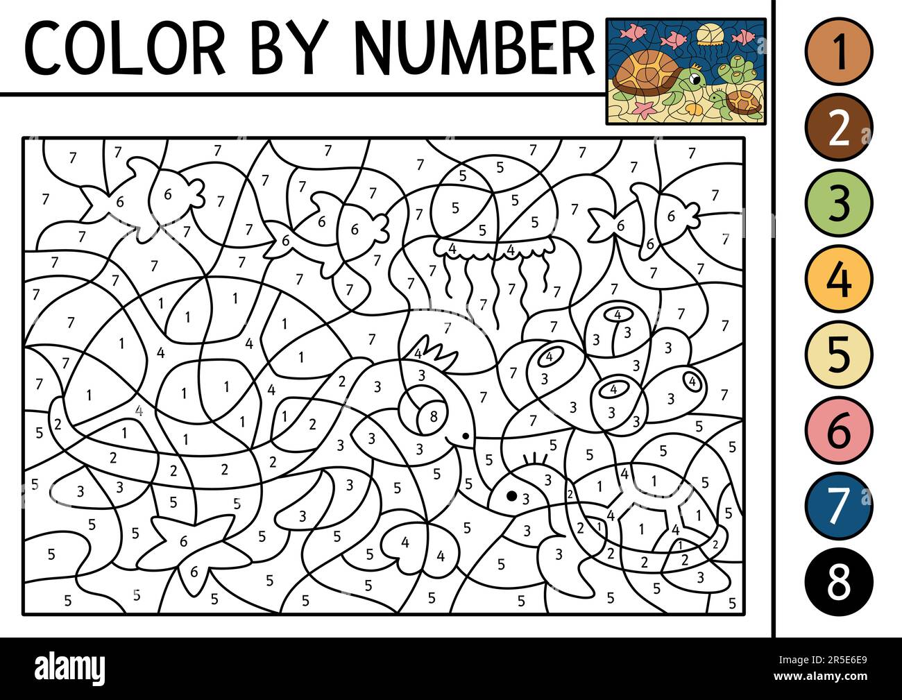 Vector under the sea color by number activity with turtle and baby ocean life scene black and white counting game with water animal coloring page f stock vector image art