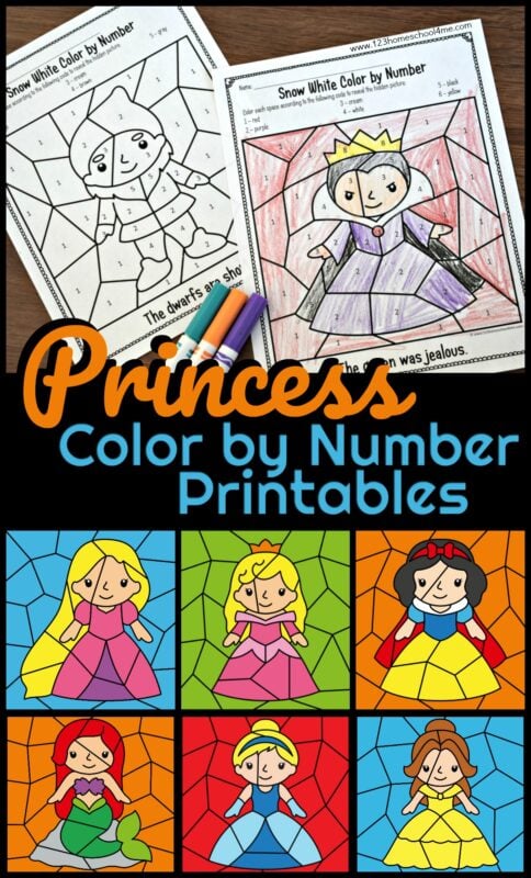 Princess color by number printables
