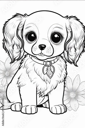 A puppy with big eyes sitting on a flower coloring page for kids and adults to color in with a dog coloring page for kids and adults to color in with a