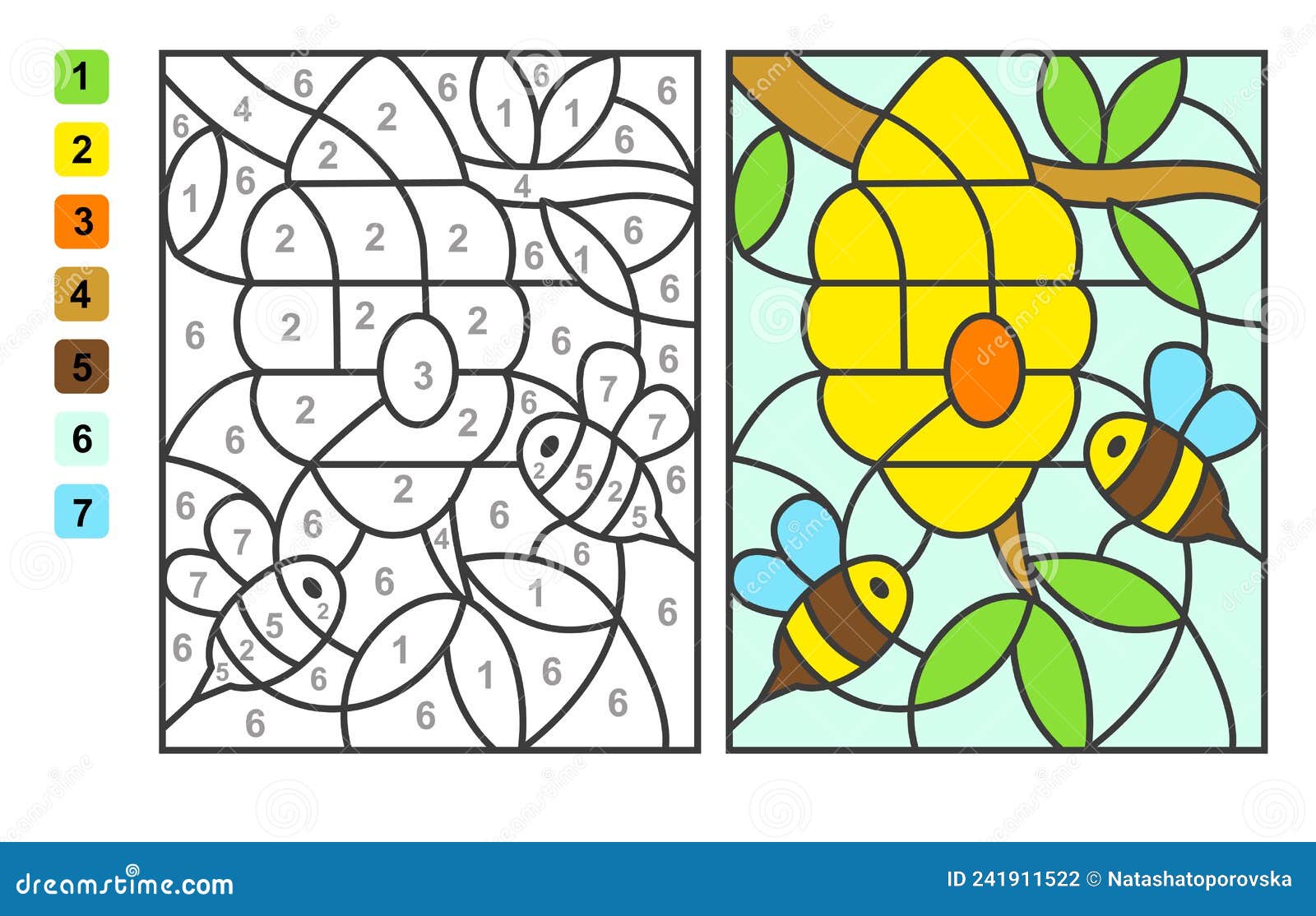 Color by numbers bee insect puzzle game for children education colors for drawing and learning mathematics stock vector