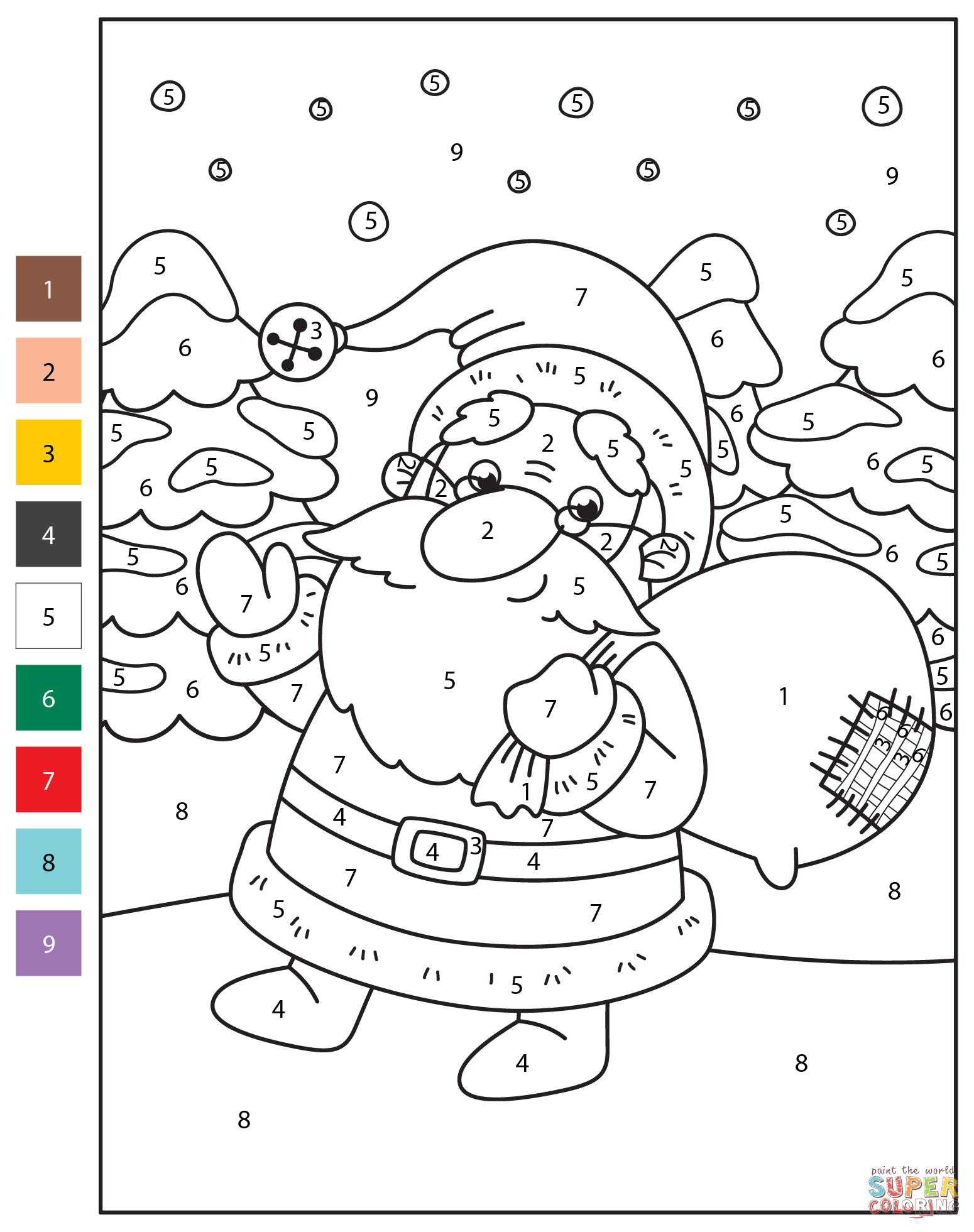 Santa claus color by number free printable coloring pages
