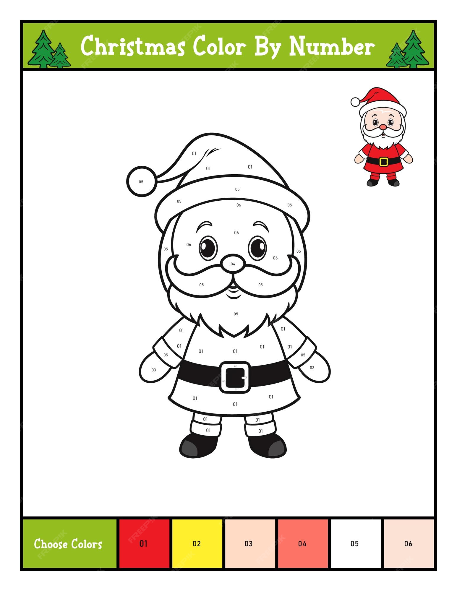 Premium vector christmas color by number coloring page printable activity with cute santa