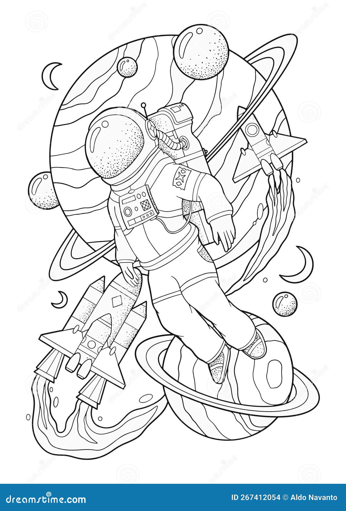 Coloring pages for kids of astronauts in outer space stock vector